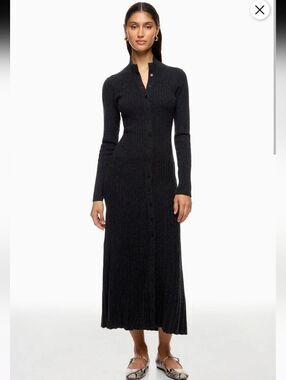 Naadam Cashmino Ribbed Button Front Charcoal Wool Midi Sweater Dress Size L